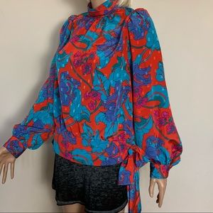 Vintage 70s AMANDA Red & Blue FLORAL Silky POLYESTER Shirt BLOUSE Full SLEEVES